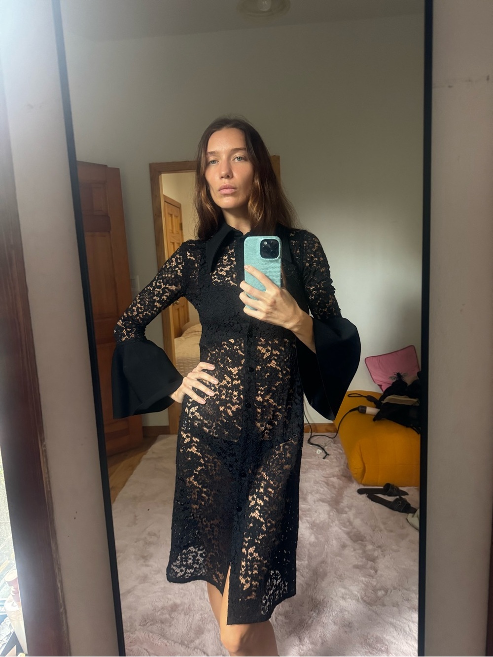 Proenza Schouler Black Lace Long-Sleeve Sheath Dress